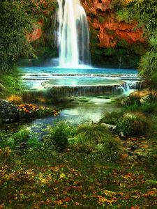 Превью обои водопад, деревья, растительность, природа, пейзаж