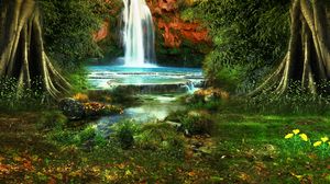 Превью обои водопад, деревья, растительность, природа, пейзаж
