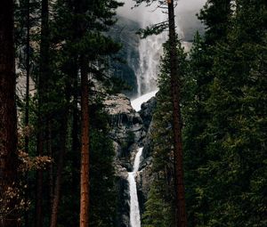 Превью обои водопад, деревья, вода, течение, обрыв