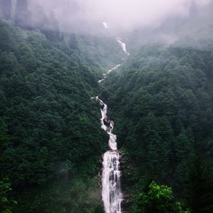 Превью обои водопад, деревья, туман