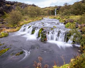 Превью обои водопад, длинная выдержка, деревья, пейзаж