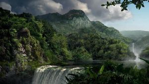 Превью обои водопад, джунгли, лес, сила, стихия