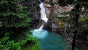 Превью обои водопад, ели, скалы, мох, шум