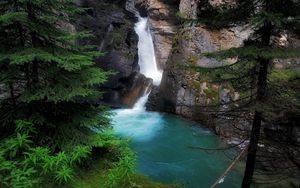 Превью обои водопад, ели, скалы, мох, шум