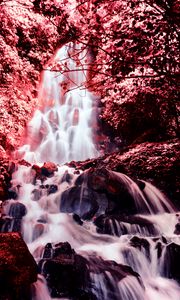 Превью обои водопад, фотошоп, камни, течение, красный