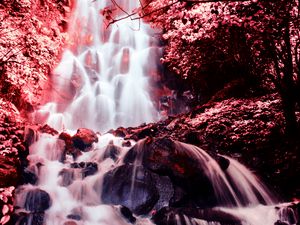 Превью обои водопад, фотошоп, камни, течение, красный