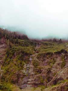 Превью обои водопад, гора, обрыв, туман, небо