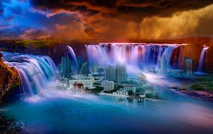 Превью обои водопад, город, фантазия, сюрреализм