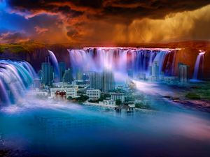 Превью обои водопад, город, фантазия, сюрреализм