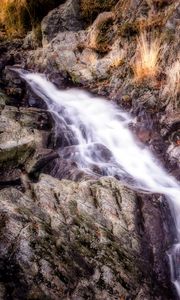 Превью обои водопад, горы, камни, hdr