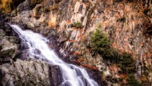 Превью обои водопад, горы, камни, hdr