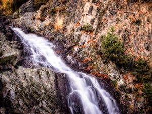 Превью обои водопад, горы, камни, hdr