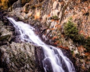 Превью обои водопад, горы, камни, hdr