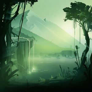 Превью обои водопад, горы, река, пейзаж, арт