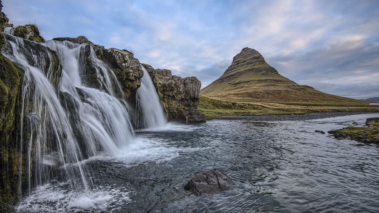 Обои водопад, холмы, исландия