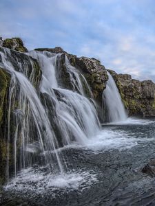 Превью обои водопад, холмы, исландия