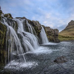 Превью обои водопад, холмы, исландия