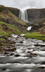 Превью обои водопад, холмы, река, камни, природа