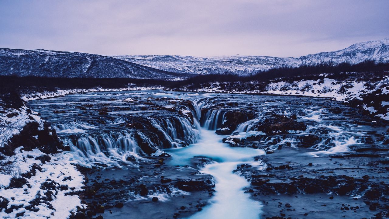 Обои водопад, исландия, течение, снег