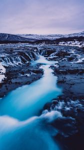 Превью обои водопад, исландия, течение, снег