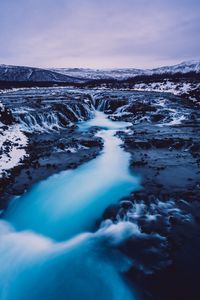 Превью обои водопад, исландия, течение, снег