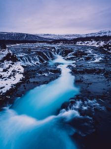 Превью обои водопад, исландия, течение, снег