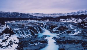 Превью обои водопад, исландия, течение, снег