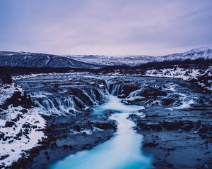 Превью обои водопад, исландия, течение, снег