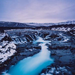 Превью обои водопад, исландия, течение, снег