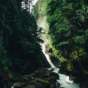 Превью обои водопад, камни, деревья, лес