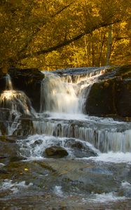 Превью обои водопад, камни, деревья, ветки, осень