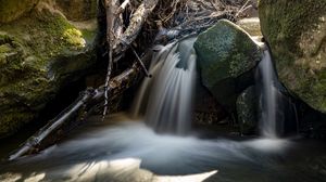 Превью обои водопад, камни, длинная выдержка, природа, пейзаж