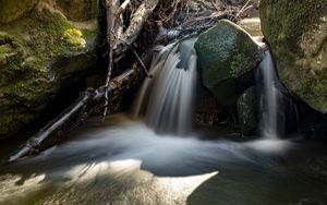 Превью обои водопад, камни, длинная выдержка, природа, пейзаж