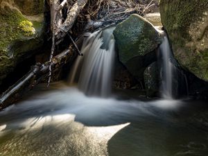 Превью обои водопад, камни, длинная выдержка, природа, пейзаж