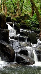 Превью обои водопад, камни, лес, вода, потоки, деревья, стволы
