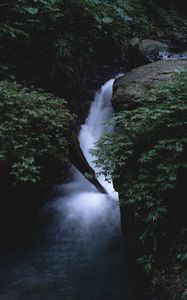 Превью обои водопад, камни, листья, растения, природа