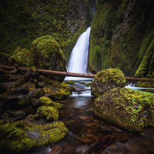 Превью обои водопад, камни, мох, течение, река