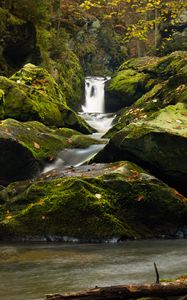 Превью обои водопад, камни, мох, ветки, вода