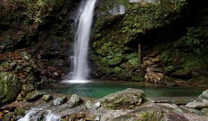 Превью обои водопад, камни, мох, деревья
