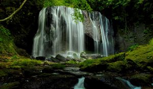 Превью обои водопад, камни, мох, ветки