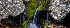 Превью обои водопад, камни, мох, листья
