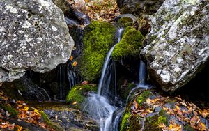 Превью обои водопад, камни, мох, листья