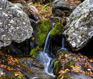 Превью обои водопад, камни, мох, листья