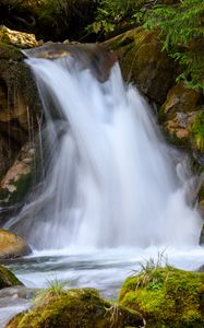 Превью обои водопад, камни, мох, долгая выдержка, природа