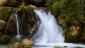 Превью обои водопад, камни, мох, долгая выдержка, природа