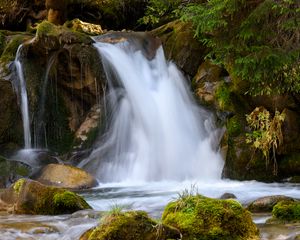 Превью обои водопад, камни, мох, долгая выдержка, природа