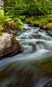 Превью обои водопад, камни, поток, папоротник