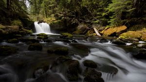 Превью обои водопад, камни, поток, мох, вода