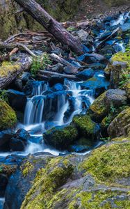 Превью обои водопад, камни, поток, мох, бревно