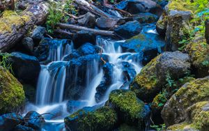 Превью обои водопад, камни, поток, мох, бревно